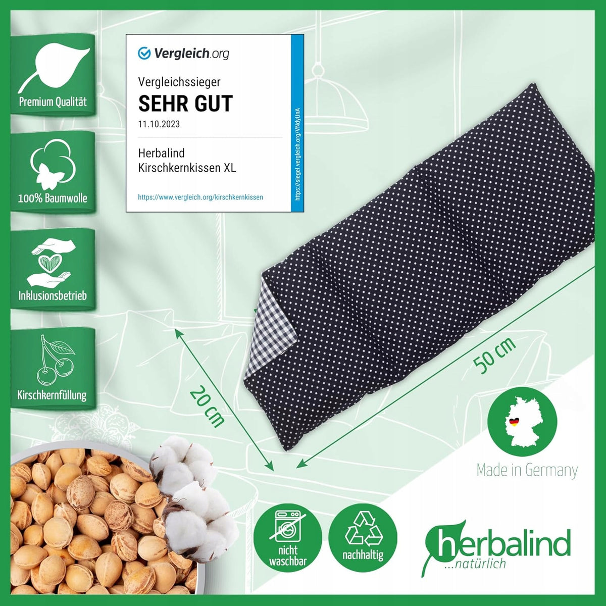 HERBALIND pernă termică cu sâmburi de cireșe XL 900g 50x20cm