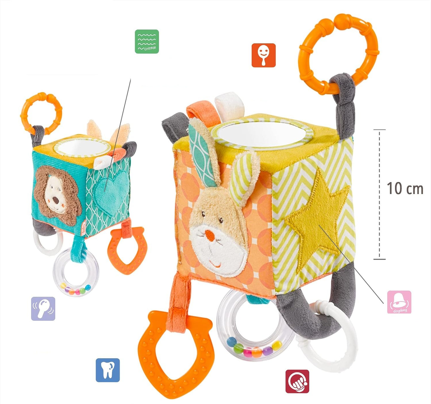 FEHN Activity Cube plush hanging cube with a rattle, 10 x 10 cm