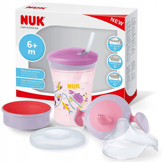 NUK zestaw do nauki picia kubek + 3 ustniki, różowo-czerwony kubek 230 ml z motywem kraba i ośmiornicy