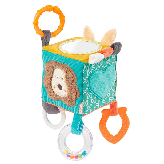 FEHN Activity Cube pluszowa zawieszka kostka z grzechotką 10 x 10 cm
