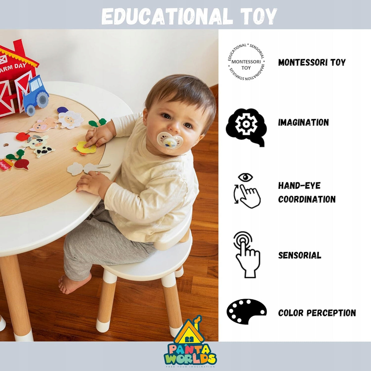 MEQBEM książka edukacyjna sensoryczna MÓJ DZIEŃ NA FARMIE, zabawka Montessori dla dziecka 12m+
