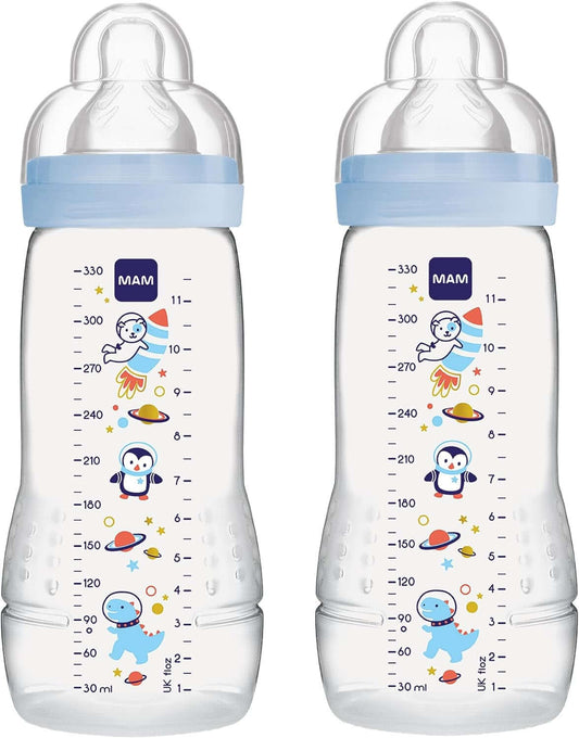 MAM Easy Active zestaw butelek 2x 330 ml 4 m+ smoczek 2 KOSMOS, niebieskie butelki z motywem kosmosu