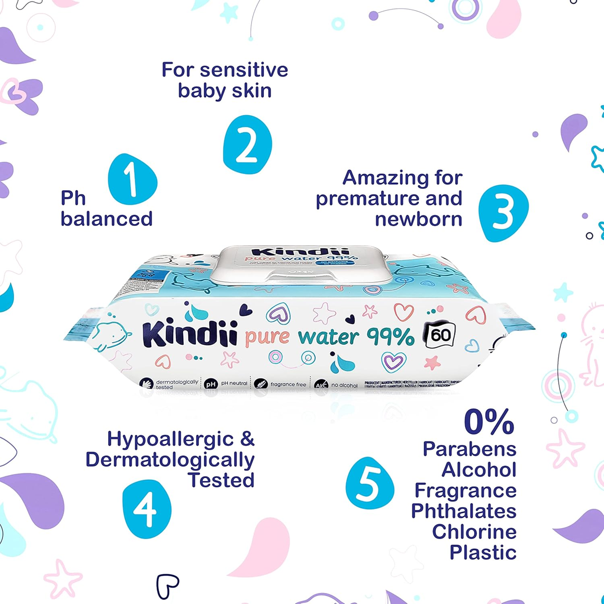 KINDII Pure Water 99 chusteczki nawilżane wodą x60