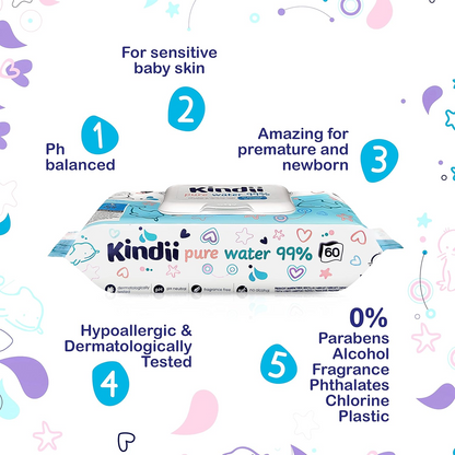 KINDII Pure Water 99 chusteczki nawilżane wodą x60