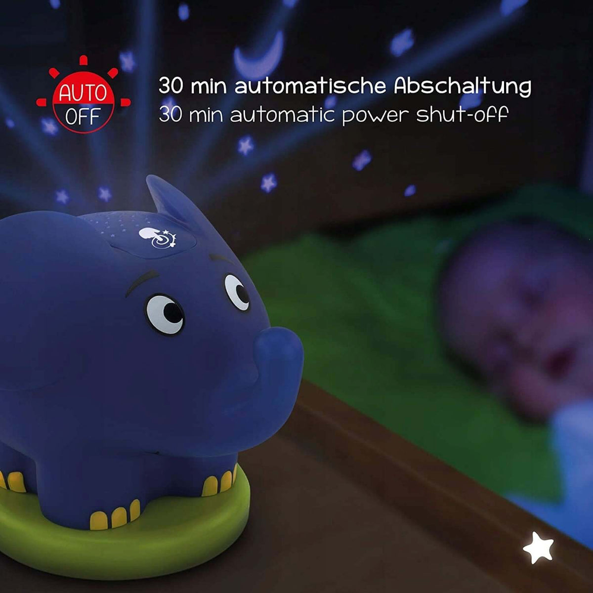 ANSMANN Słoń projektor gwiazd LED + melodia, niebieski projektor gwiezdnego nieba z auto off 30 min