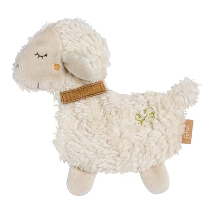 Jasna przytulanka owieczka z puszystą powierzchnią, złotobrązowym kołnierzykiem i zielonym haftem na boku.