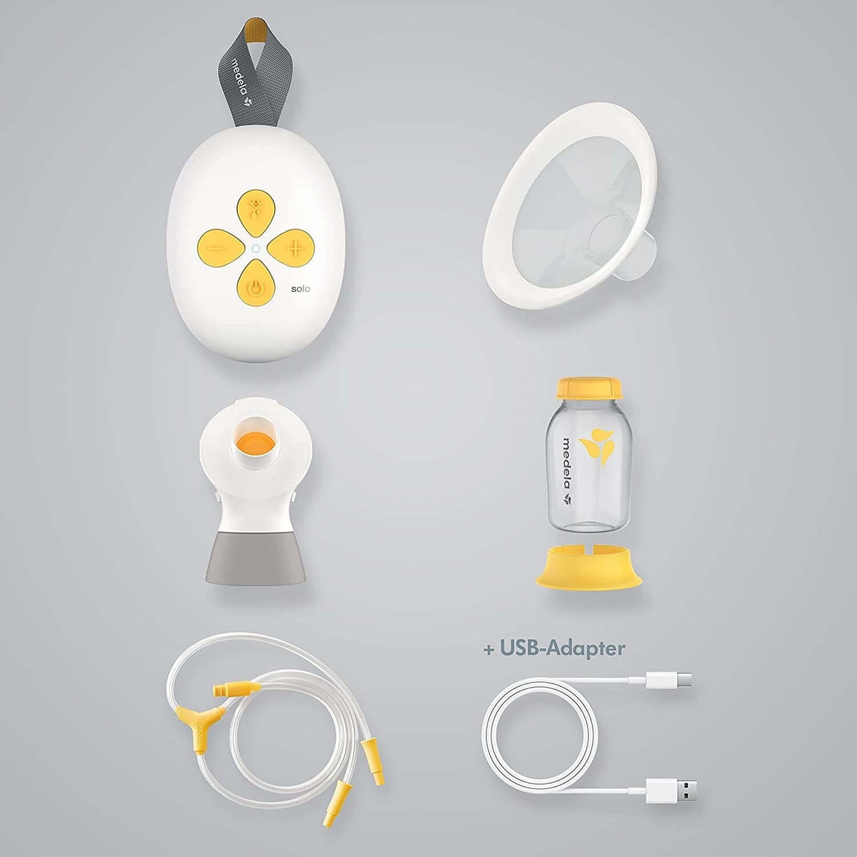 MEDELA SOLO laktator elektryczny 2-fazowy USB "N z lejkiem PersonalFit Flex, butelką, przewodem i adapterem USB