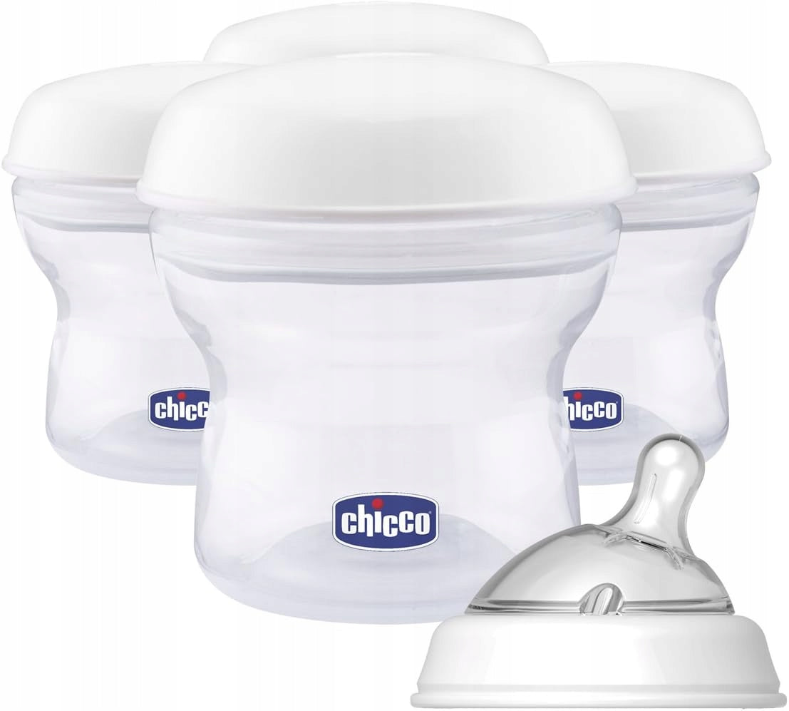CHICCO pojemniki na mleko 4 x 150 ml + smoczek z nakrętką