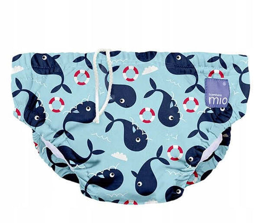 BAMBINO MIO pielucha do pływania 0-6 msc niebieska w wieloryby, majteczki do pływania dla niemowląt