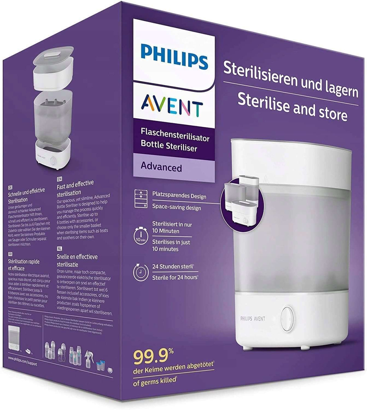 PHILIPS AVENT elektryczny sterylizator parowy, biało-szary, do butelek, zabija 99,9% zarazków bez chemii