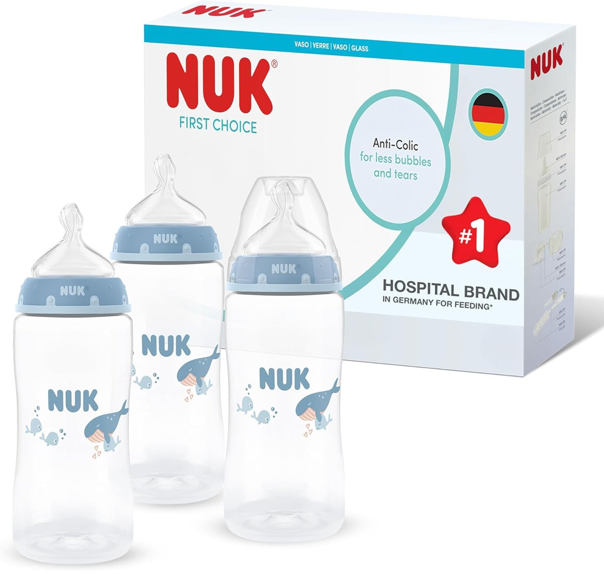 NUK First Choice set de 3 biberoane de 300 ml, tetină M, 3 luni+, BALENĂ