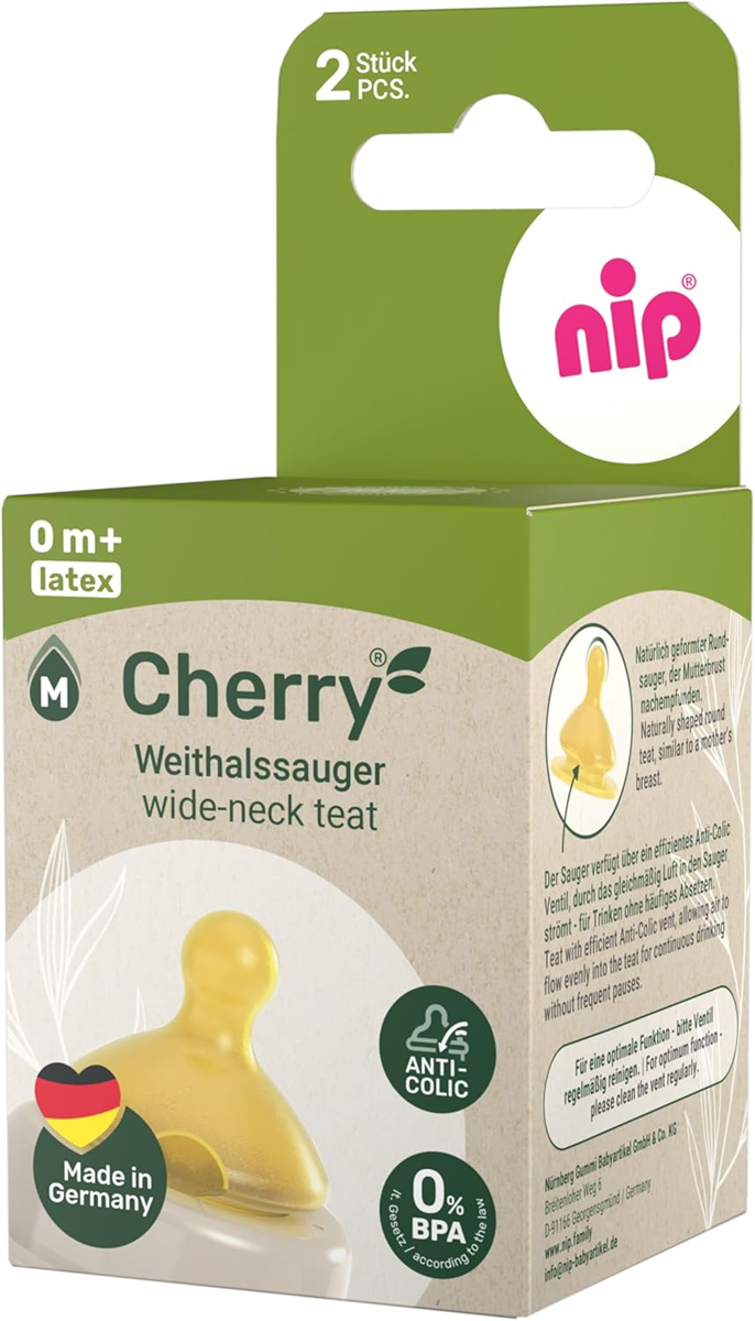 nip cherry greenbottle teats x2age 0msc +size MlatexBPA and BPS freeGood, new condition, replacement packaging