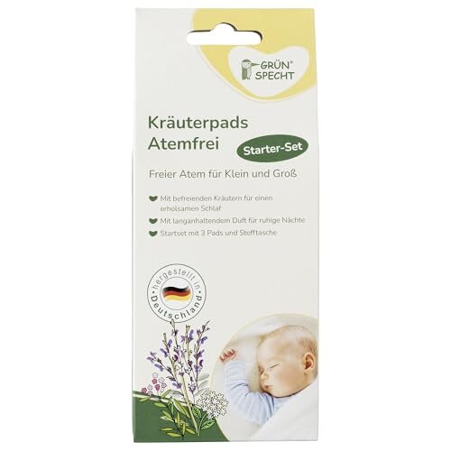 Przód opakowania GRÜNSPECHT Atemfrei Starter-Set z ilustracjami ziół i śpiącego dziecka.