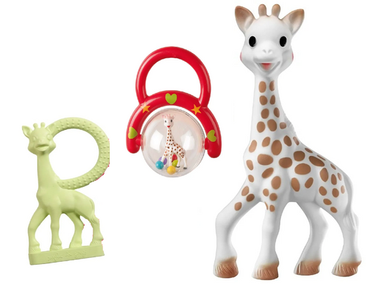 Set GIRAFA SOPHIE pentru bebeluși, inel dentiție natural, zornăitoare, 3 piese.