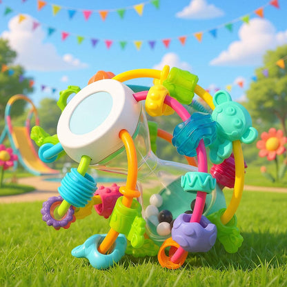 PLAYGRO Play and Learn Ball gryzak chwytak z grzechotką i lusterkiem 14 cm