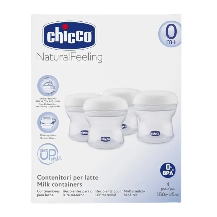 CHICCO pojemniki na mleko 4 x 150 ml + smoczek z nakrętką