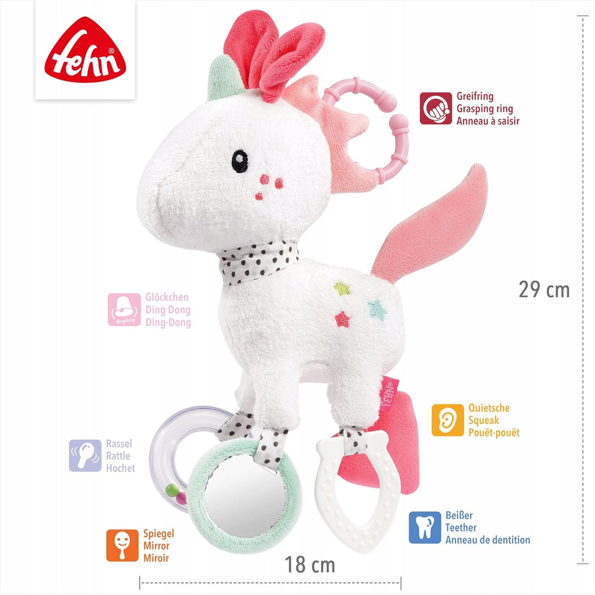 FEHN Aiko&Yuki zawieszka z grzechotką i chwytakiem do wózka, fotelika, biało-różowa 18 cm, z lusterkiem i gryzakiem