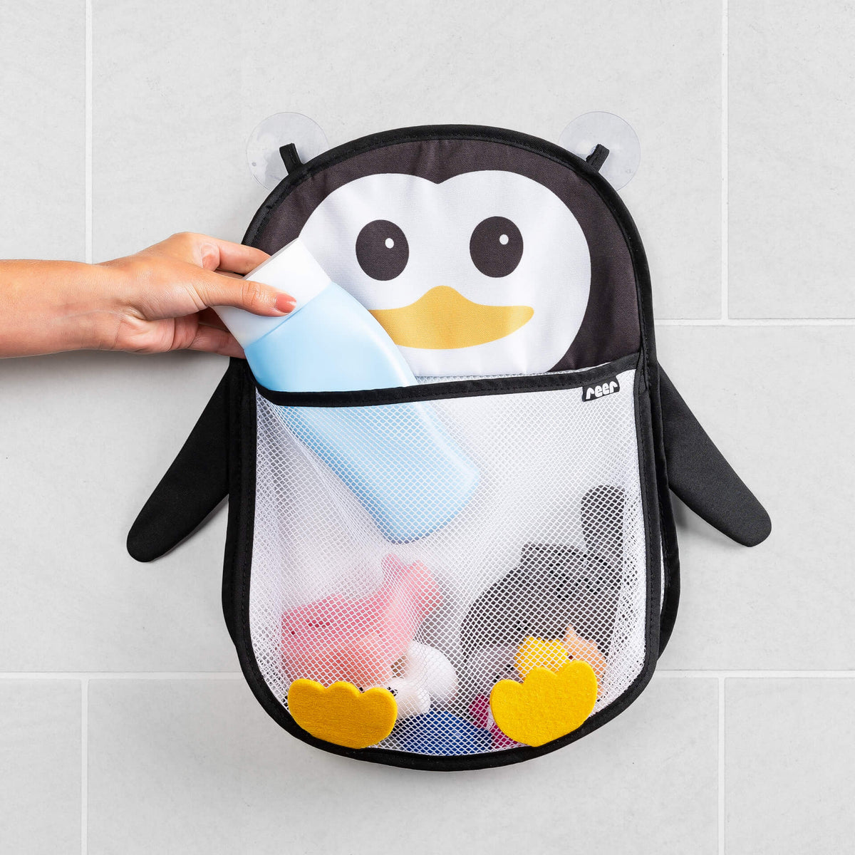 REER MyHappyPingu organizator din plasă pentru baie, cu ventuze, PINGUIN