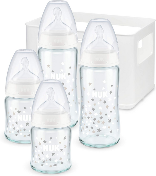 NUK First Choice+ set 0-6 luni sticle de sticlă 2x 120 ml și 2x 240 ml + coș
