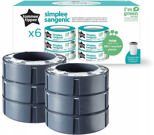 TOMMEE TIPPEE wkład SIMPLEE SANGENIC x6, wkłady do pojemnika na pieluchy, 98% recycled plastic
