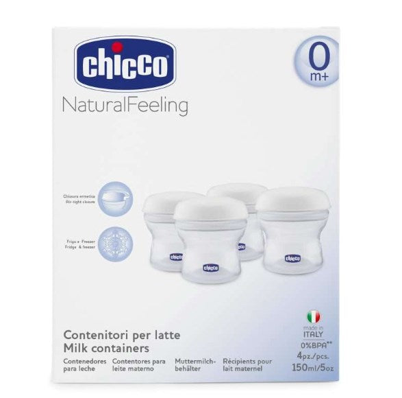 CHICCO pojemniki na mleko 4 x 150 ml + smoczek z nakrętką