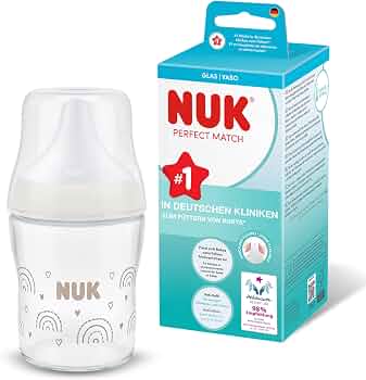 NUK Perfect Match butelka antykolkowa  szklana 120 ml 0+ szklana butelka dla noworodka z motywem tęczy i opakowaniem