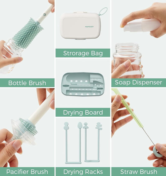 MOMCOZY set de călătorie 7 în 1 pentru curățarea biberoanelor, tetinelor și paielor + husă