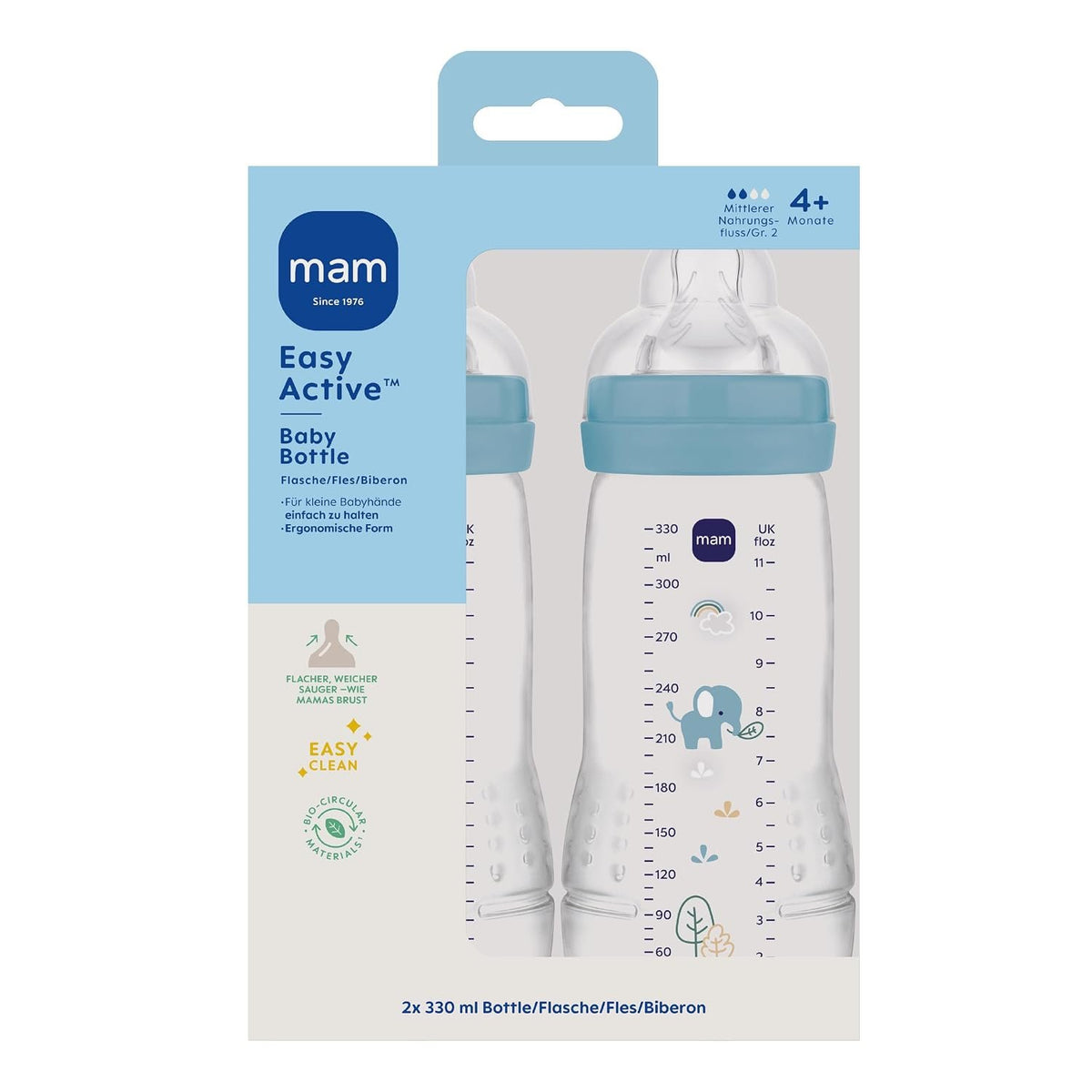Opakowanie zestawu dwóch butelek MAM Easy Active 330 ml ze słoniem