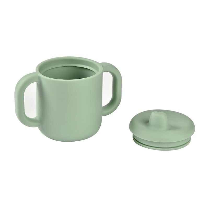 Otwarty zielony kubek Béaba Sage Green z dwoma uchwytami i zdjętą pokrywką obok.