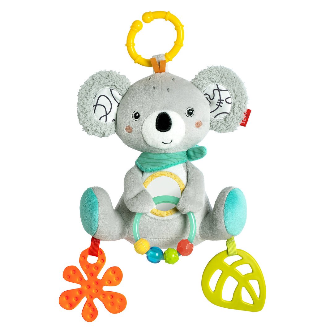 Szara zabawka FEHN DoBabyDoo Koala z miętową chustką, żółtym zawieszeniem, lusterkiem i kolorowymi elementami.
