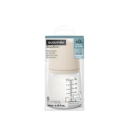 Suavinex Zero Zero biberon anticolici 180 ml S Light – vedere din spate și lateral