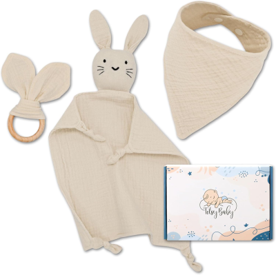 TOTSY BABY conforter muselină și bavetă, inel dentiție din lemn 27x27 cm IEPURE