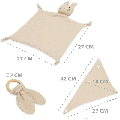 TOTSY BABY conforter muselină și bavetă, inel dentiție din lemn 27x27 cm IEPURE