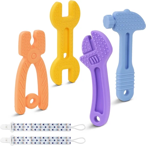 Jucării de dentiție pentru bebeluși silicon alimentar 4 bucăți + agățători 0-12 luni