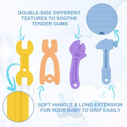 Jucării de dentiție pentru bebeluși silicon alimentar 4 bucăți + agățători 0-12 luni