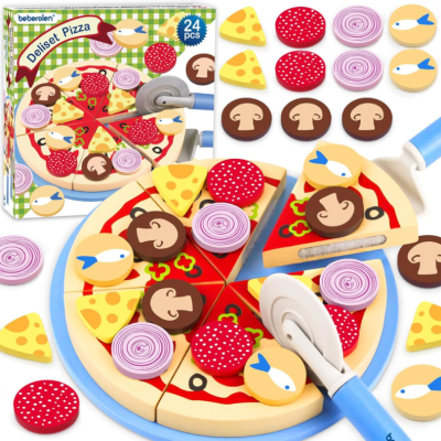 Set din lemn BEBEROLEN pentru prepararea pizzei PIZZERIA 24 piese