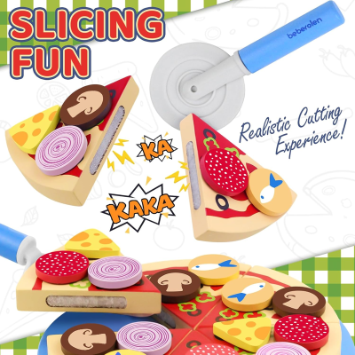 Set din lemn BEBEROLEN pentru prepararea pizzei PIZZERIA 24 piese