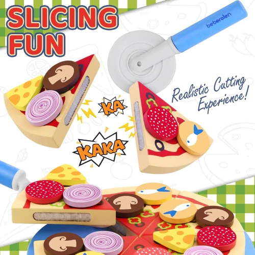 Set din lemn BEBEROLEN pentru prepararea pizzei PIZZERIA 24 piese