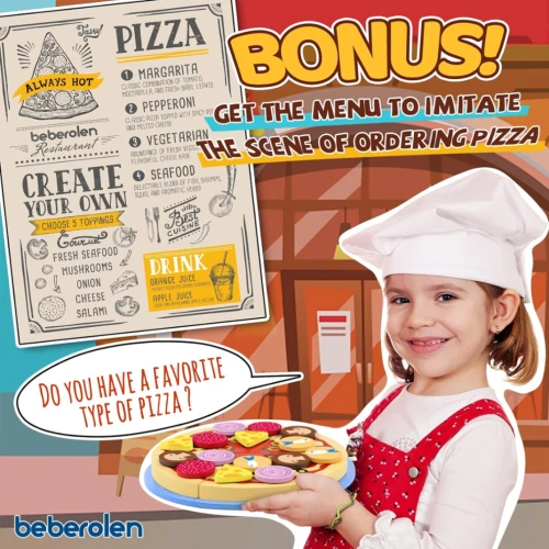Set din lemn BEBEROLEN pentru prepararea pizzei PIZZERIA 24 piese