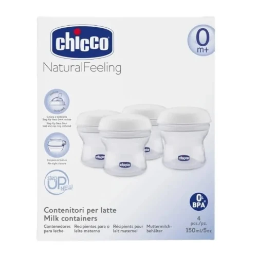 CHICCO recipiente pentru lapte 4 x 150 ml + suzetă cu capac