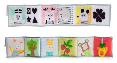 Carte contrastantă dublă față TAF TOYS cu OGLINDĂ, JUCĂRIE DE DENTIȚIE, TEXTURI și altele
